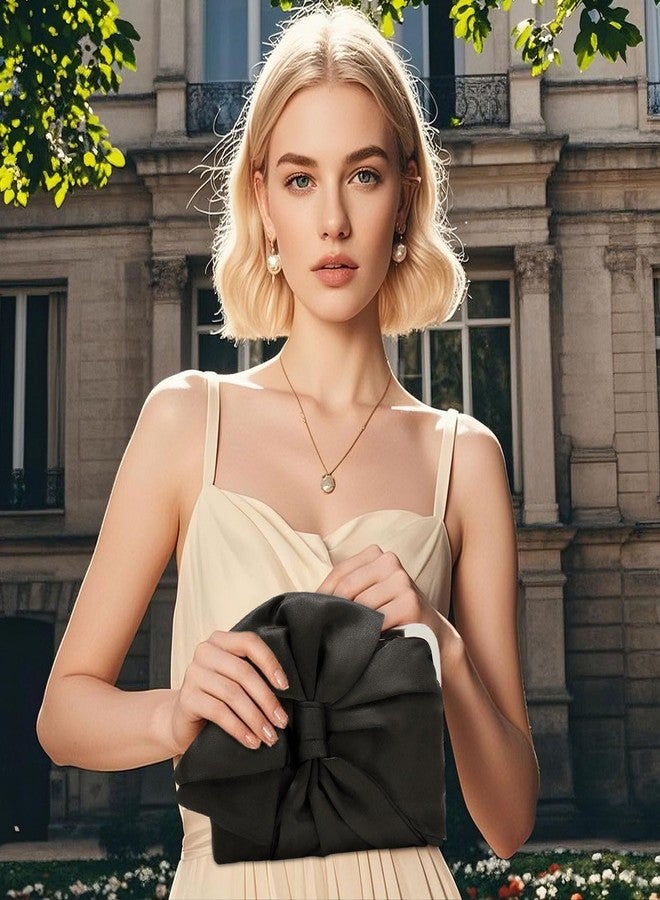 Simcat Womens Clutch Bag,Pleated Satin Handbag Lady Pleated Bow Purse Evening Bag with Chain for Wedding Prom Formal Party (Black B) - Image 2